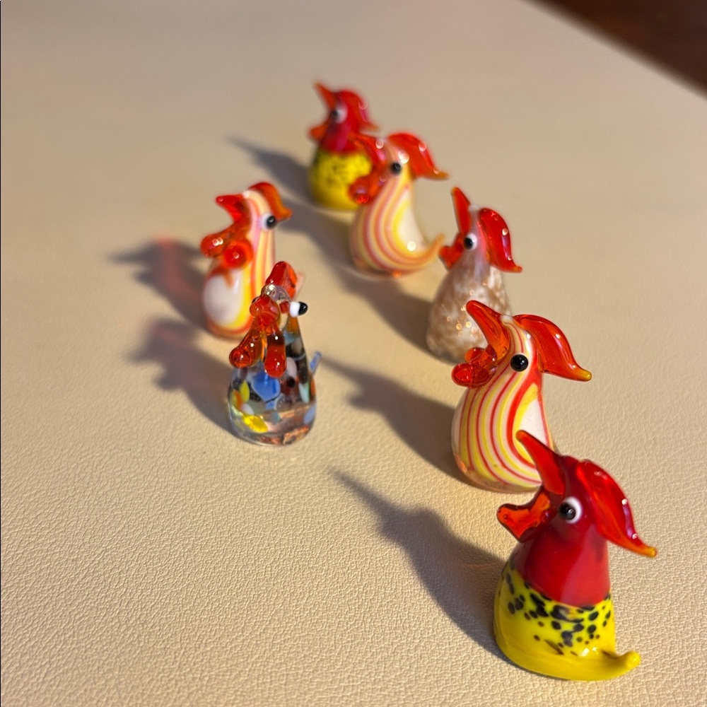Handblown Glass Rooster Figurines - Red & Yellow Accents - Picture 3 of 4